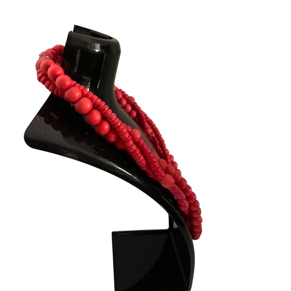 Multi-Strand Red Beaded Necklace With Gold Toggle Clasp For Women - Picture 3 of 6